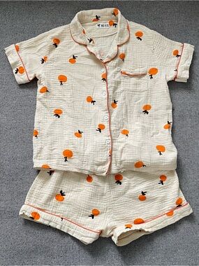 Cream Short-Sleeve Cotton Pajama Set with Orange Fruit Print
